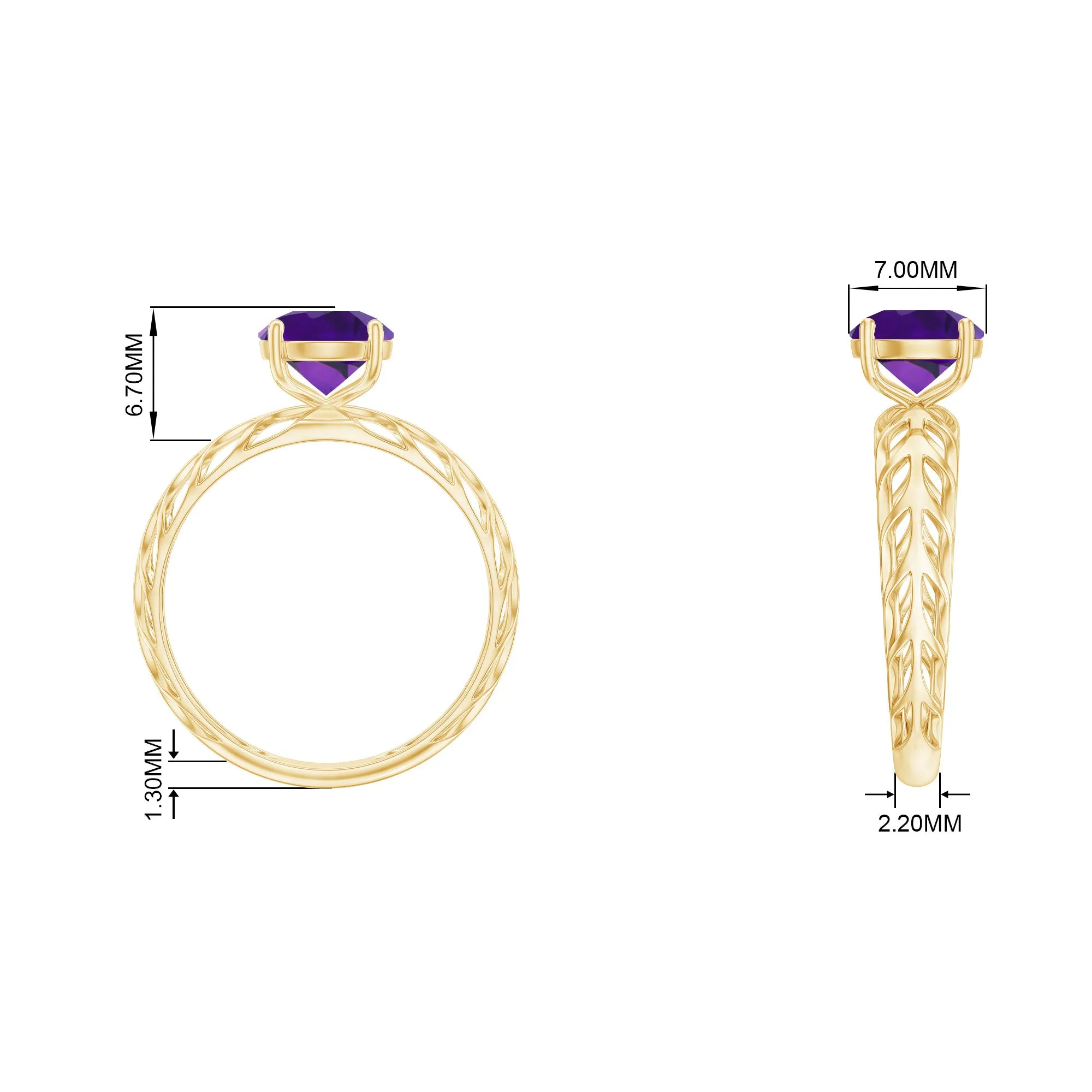 7 MM Round Amethyst Solitaire Engagement Ring with Gold Filigree Details